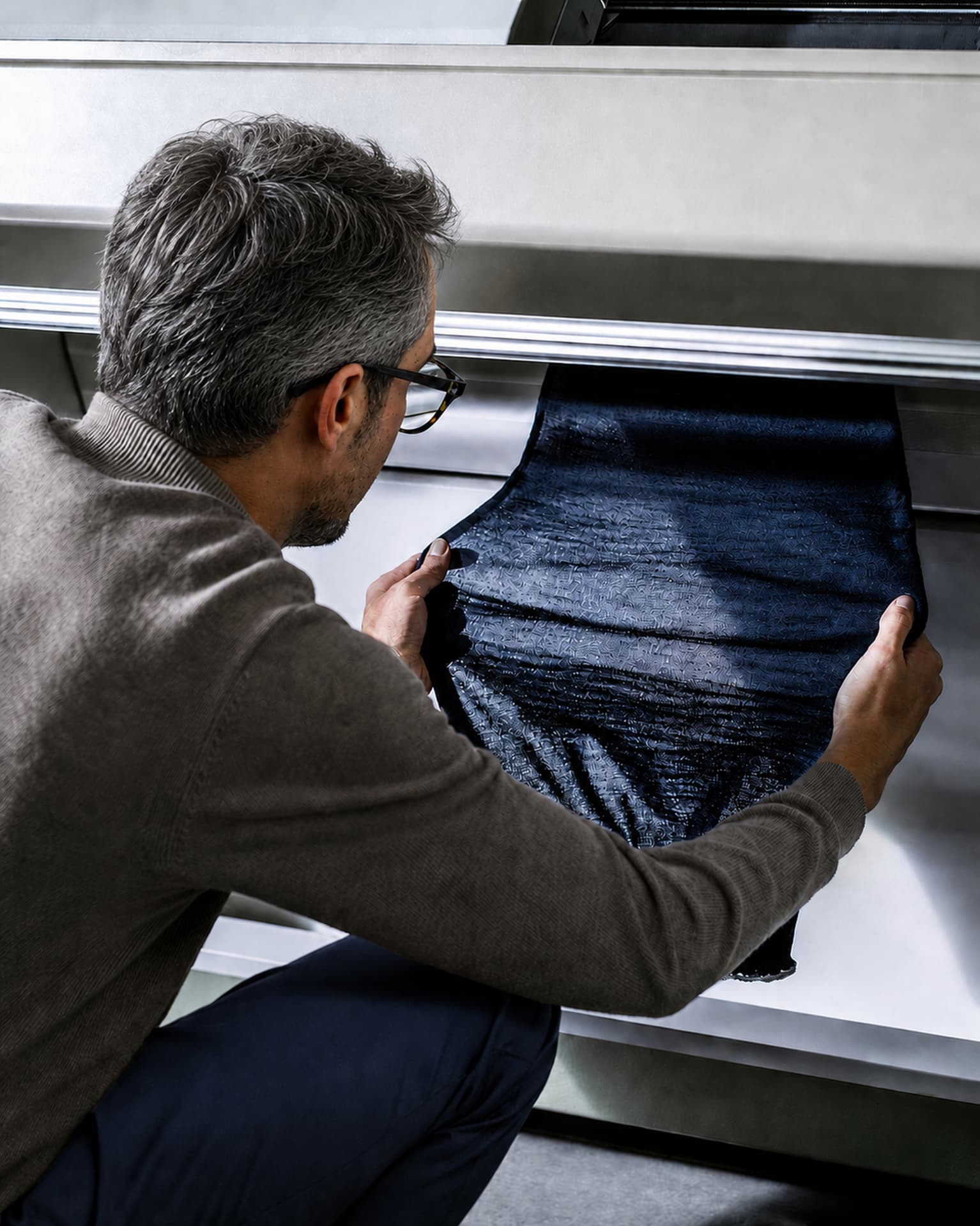 A craftsman inspecting a navy knitted panel in the atelier